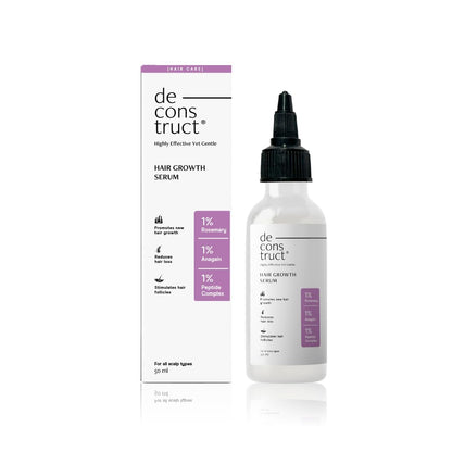 Deconstruct hair growth serum bottle and packaging on a white background