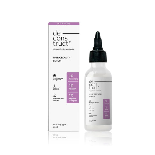 Deconstruct hair growth serum bottle and packaging on a white background