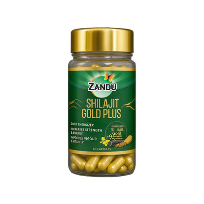 Zandu Shilajit Gold Plus supplement bottle on a white background