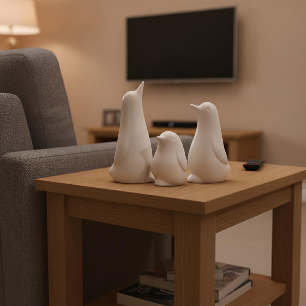 Ceramic Penguin Family Figurine - Set of 3 | White Penguin Figurines for Home Decor | Modern Nordic Tabletop Accent for Living Room, Bedroom, Office Desk & Shelves | Gift for Housewarming