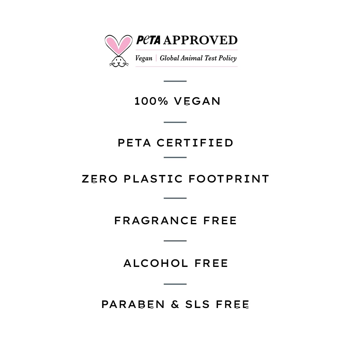 List of product features with PETA certification on a white background