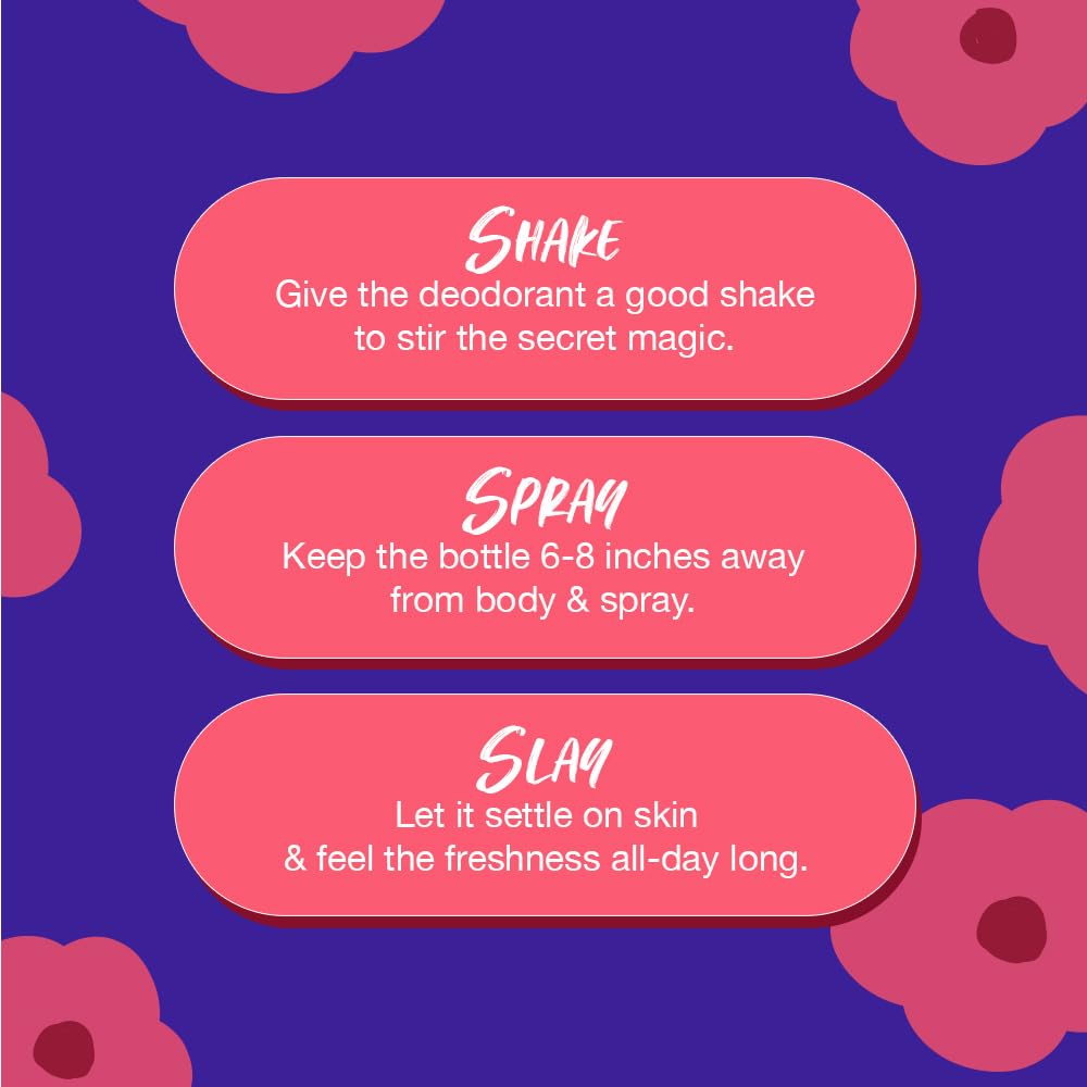 Instructions for using a deodorant with pink text on a purple background with floral patterns.