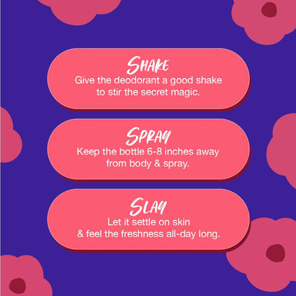 Instructions for using a deodorant with pink text on a purple background with floral patterns.