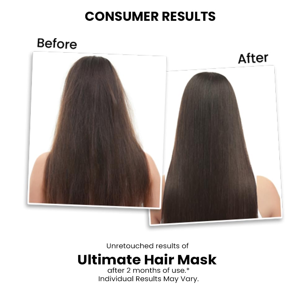 Before and after comparison of hair using an ultimate hair mask, showing long, straight hair.