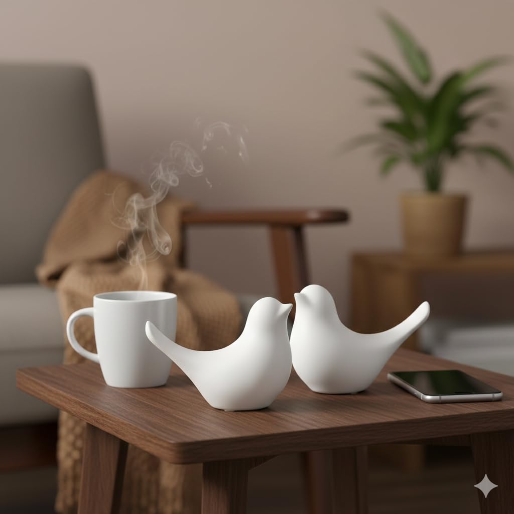 Ceramic Bird Figurines Set of 2 (3.5 Inch) | Decorative Bird Showpiece for Home Decor | Tabletop Bird Statue for Living Room, Bedroom, Office, Shelf & Bookshelf | Snowy Symphony, White