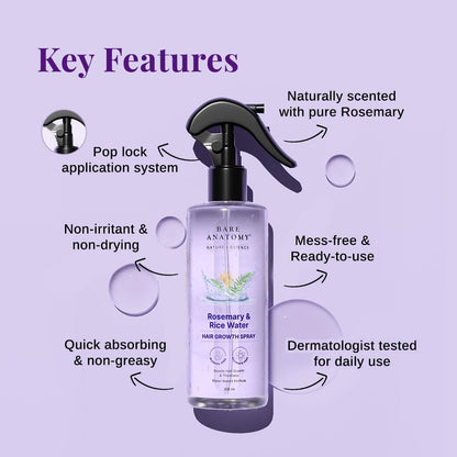 Bare Anatomy Nature X Science Rosemary Water Spray For Hair Growth & Thickness With Rice Water|100% Natural Extract|Soft & Smooth Hair|Controls Hairfall & Adds Shine|Non-Greasy & Fast Absorbing|200 Ml
