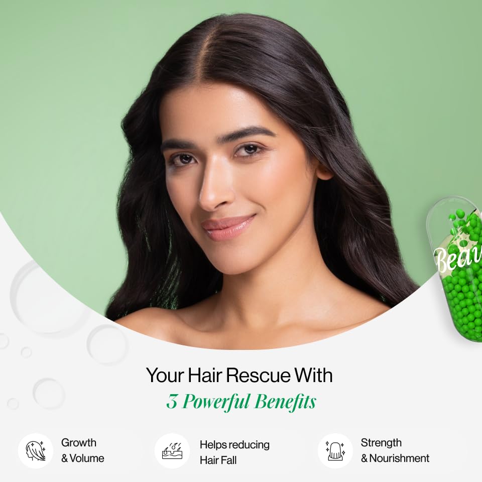 Woman with long dark hair against a green background with text about hair benefits.