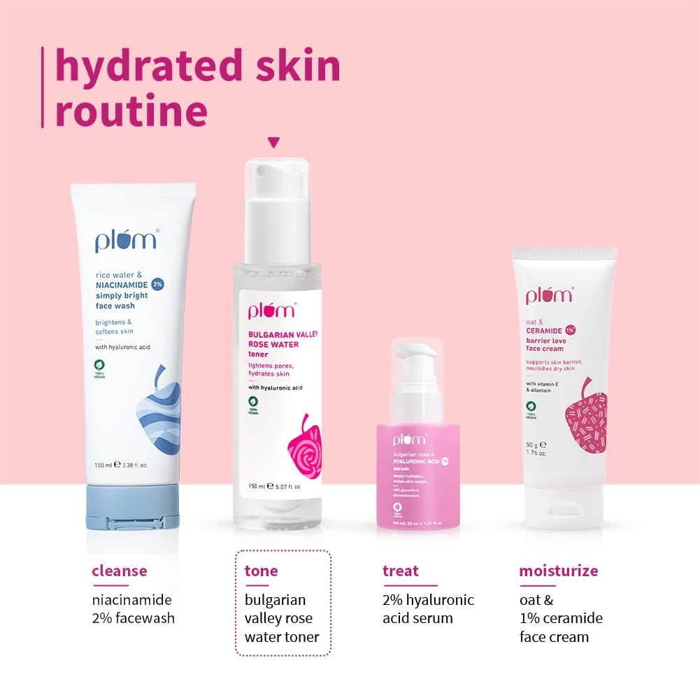 Plum Bulgarian Valley Rose Water Face Toner | for Oily Acne Prone Dry Combination Skin | with Hyaluronic Acid | Hydrating & Pores Tightening | Balances pH Levels | Alcohol-Free | Women & Men | 150ml