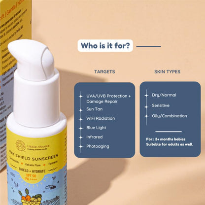 Little Rituals Baby Sunscreen for Kids 0-15 Yrs SPF 50 PA++++ Organic & Natural Lotion, UVA UVB IR, Blue Light, Wifi Radiation, Protection, Hypoallergenic, SWISS Tech, Daily Use Sunblock - 30gm