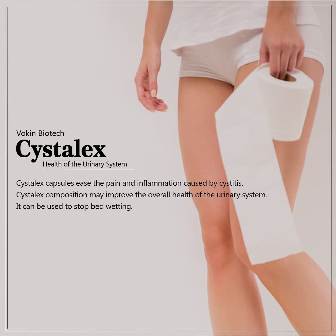 Advertisement for Cystalex capsules showing a person holding toilet paper, with text about its benefits.
