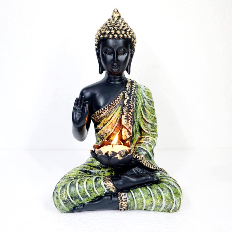 Sitting Buddha Idol Statue for Home Decorations Items Showpiece, Best Indian Gifts for Foreigners, Corporate Gift Items (Green Tea Light Buddha)