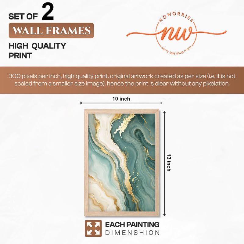 Ginkgo Leaf & Abstract Marble Wall Painting Set of 2 with Frame | Premium Teal Green Gold Botanical Artwork, Luxury Modern Wall Decor for Living Room, Bedroom, Office and Home Decoration (Art-1, 10x13inch)