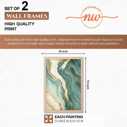 Ginkgo Leaf & Abstract Marble Wall Painting Set of 2 with Frame | Premium Teal Green Gold Botanical Artwork, Luxury Modern Wall Decor for Living Room, Bedroom, Office and Home Decoration (Art-1, 10x13inch)