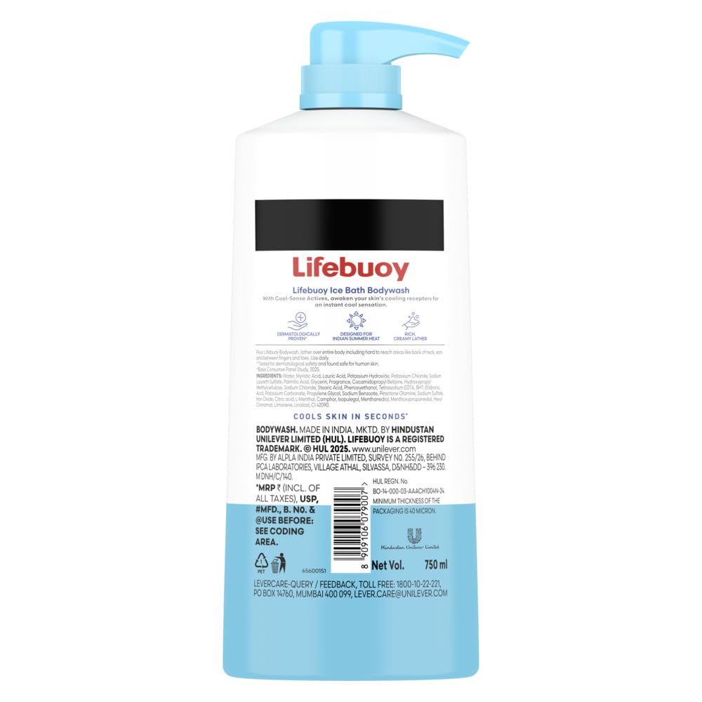 LIFEBUOY Ice Bath Bodywash, 750ml, for Instant Heat Relief, with Menthol and Cool Sense Actives, Skin Cooling in Seconds, Refreshing Fragrance, for Men and Women