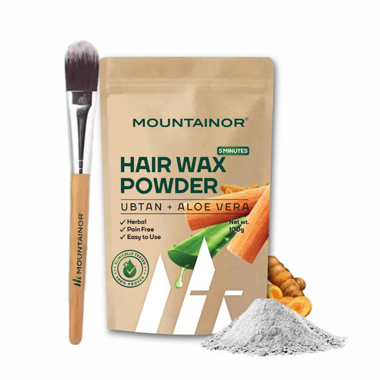 Mountainor hair wax powder package with a brush and powder on a white background