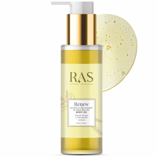 RAS Luxury Oils Renew Muscle Relaxant & Pain Relief Body Oil For Joints & Muscular Pain | Improves Joint Mobility & Relax Muscles | Organic Sesame and Moringa Oil | Ashwagandha, 100ml