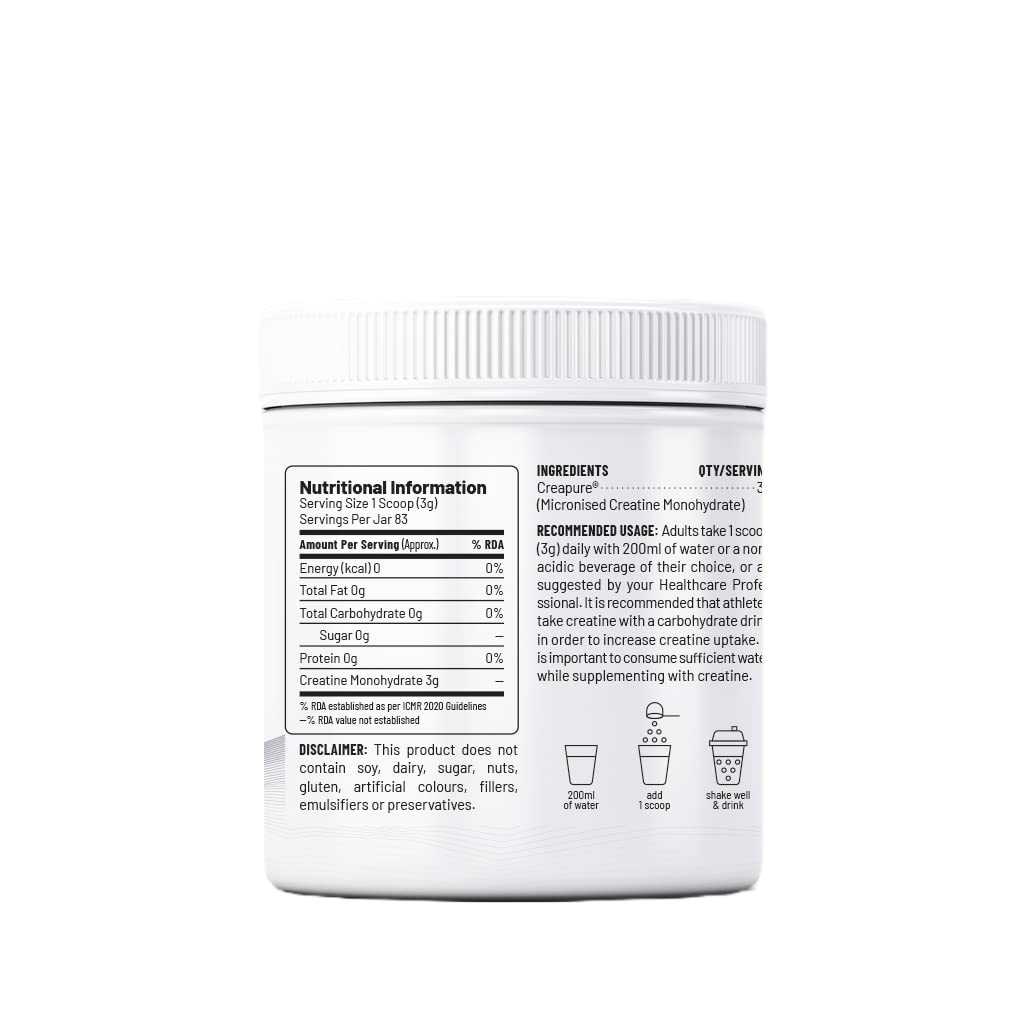 Zephivo Unived Certified German Creapure | Micronised Creatine Monohydrate | Single Ingredient, Flavorless & Caffeine Free | 3g Per Serving. 83 servings, 250g Jar
