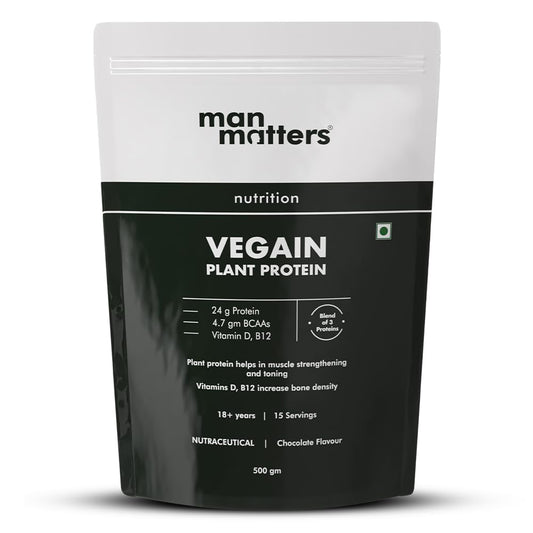 Man Matters VEGAIN Plant Protein Powder for Men | 100% Vegetarian | Made with Pea, Brown Rice, Moong Bean and Whole Algae | Gluten Free, Dairy Free & Soy Free | 500 grams