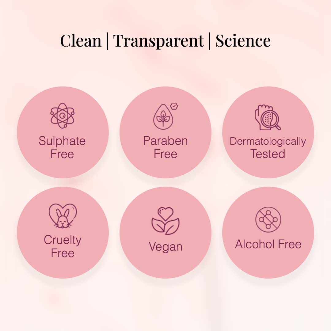 Set of icons indicating product features like sulfate-free, paraben-free, dermatologically tested, cruelty-free, vegan, and alcohol-free on a pink background.