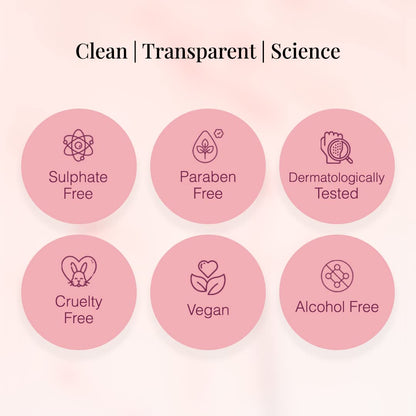 Set of icons indicating product features like sulfate-free, paraben-free, dermatologically tested, cruelty-free, vegan, and alcohol-free on a pink background.