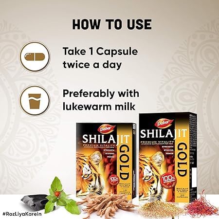 DABUR Shilajit Gold - 20 Capsules | 100% Ayurvedic Capsules for Strength , Stamina and Power | Premium Ayurvedic Supplement | For Men