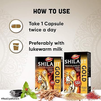 DABUR Shilajit Gold - 20 Capsules | 100% Ayurvedic Capsules for Strength , Stamina and Power | Premium Ayurvedic Supplement | For Men