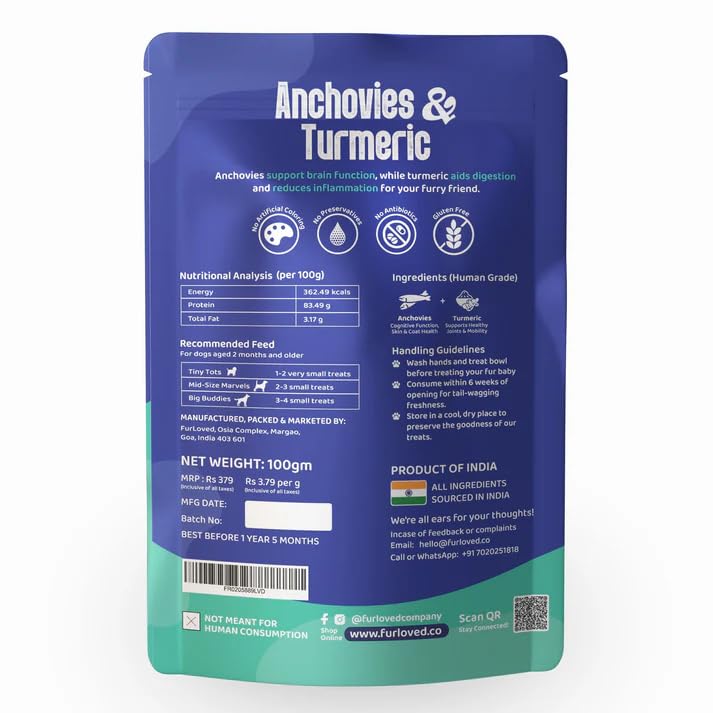 Fur Loved Anchovies & Turmeric Dog Treats - Natural Omega-3 Rich Snacks (30 GM)
