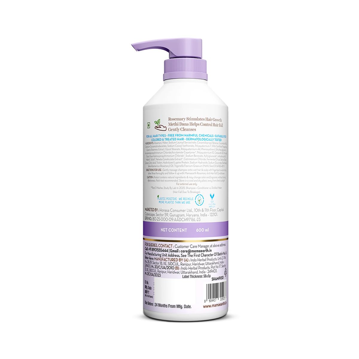Mamaearth Rosemary Anti-Hair Fall Shampoo With Rosemary & Methi Dana For Reducing Hair Loss & Breakage,Gives Up To 94% Stronger Hair,Up To 93% Less Hair Fall |Sulphate Free Shampoo |For Unisex,600 Ml