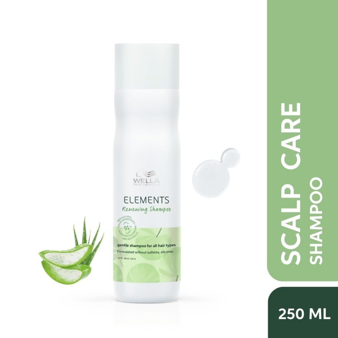 Wella Elements Scalp Care Shampoo bottle with aloe vera illustration on a white background