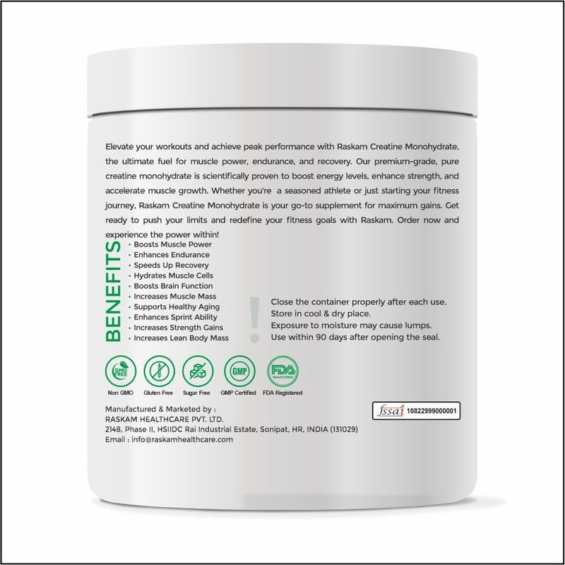 Container of Raskam Creatine Monohydrate with text and logos on a white background