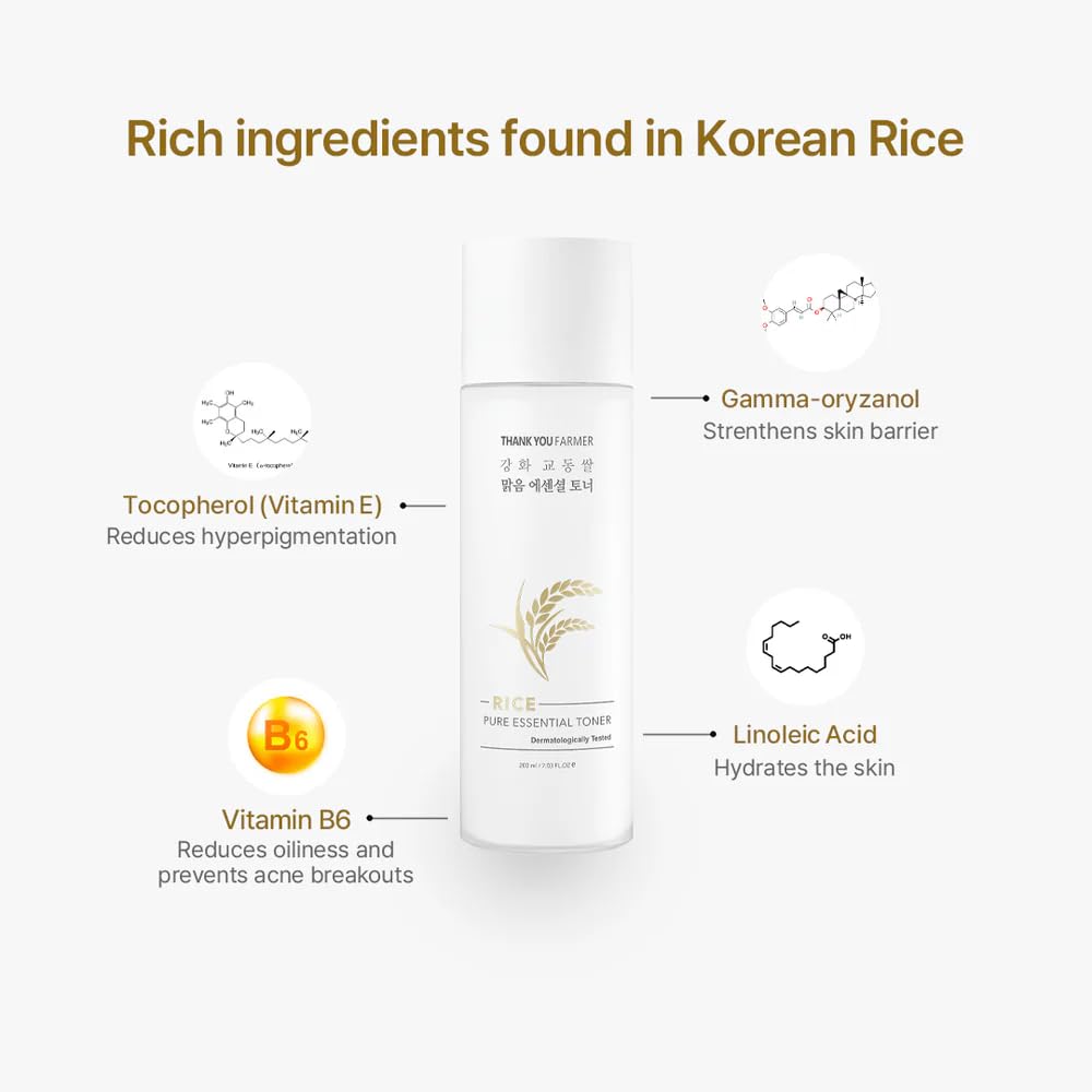 THANKYOU FARMER Pure Essential Rice Toner (200ml) | Korean Hydrating Rice Water Toner with Niacinamide & Ceramide | Brightening, Smooth Skin Texture & Daily Moisture Booster | Lightweight Refreshing Face Toner