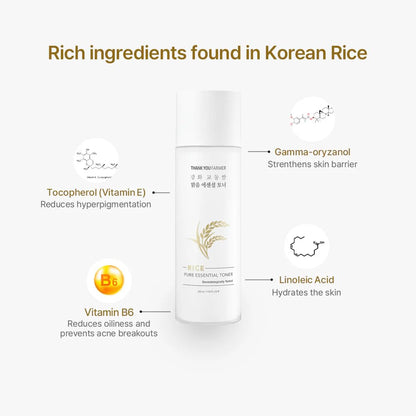 THANKYOU FARMER Pure Essential Rice Toner (200ml) | Korean Hydrating Rice Water Toner with Niacinamide & Ceramide | Brightening, Smooth Skin Texture & Daily Moisture Booster | Lightweight Refreshing Face Toner