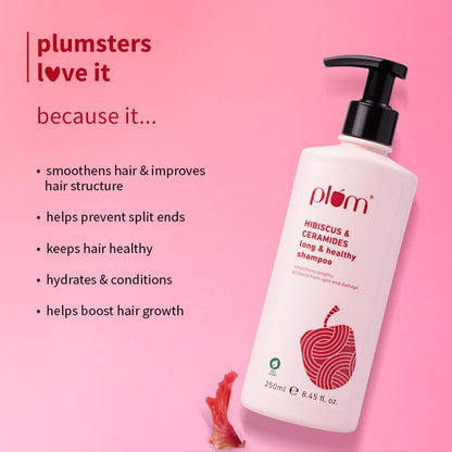 Plum Hibiscus & Ceramides Long & Healthy Shampoo | Hydrates Dry and Damaged Hair, Prevents Split Ends, Repairs Damage |Contains Hibiscus Extracts, Ceramides |100% Vegan | 250ml