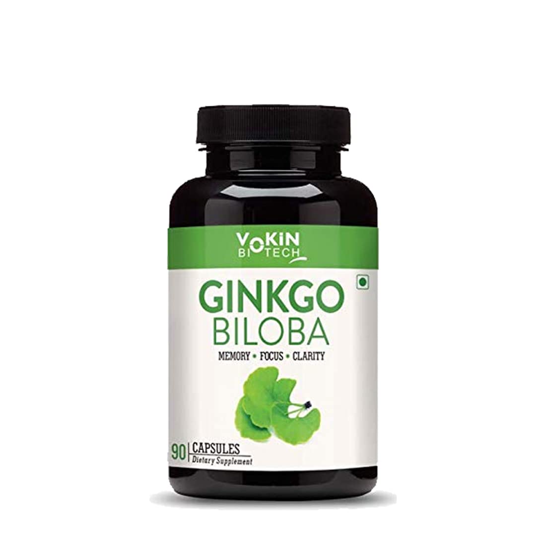Supplement bottle labeled 'Ginkgo Biloba' by Yokin Exotech on a white background