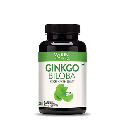 Supplement bottle labeled 'Ginkgo Biloba' by Yokin Exotech on a white background