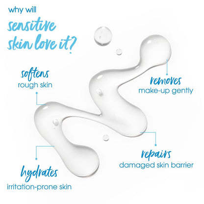 Product advertisement showing benefits for sensitive skin with text and liquid droplets.