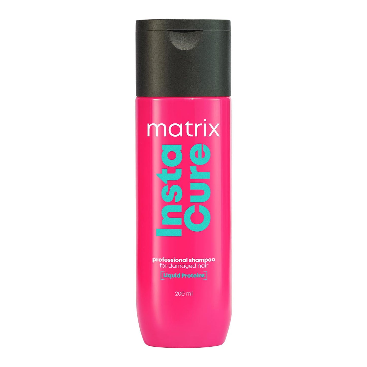 Pink shampoo bottle with black cap labeled 'Matrix Insta Cure' on a white background