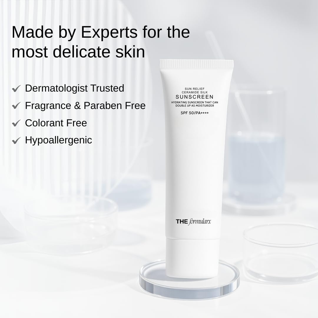 The Formularx Sun Relief Ceramide Sunscreen SPF 50 PA++++ | Broad Spectrum UV & Blue Light Protection | For Oily, Acne prone, Sensitive Skin | Brightening Barrier Care with Niacinamide, Hyaluronic acid, & Peptides | Lightweight, No White Cast | 50g