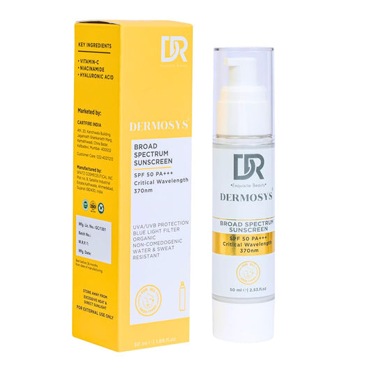 Dermosys Sunscreen SPF 50 PA+++ | 50ml Organic & Non Comedogenic SunscreenSPF50 | UVA, UVB & Blue Light Protection | With Hyaluronic Acid & Vitamin C | No White Cast | For All Skin Types