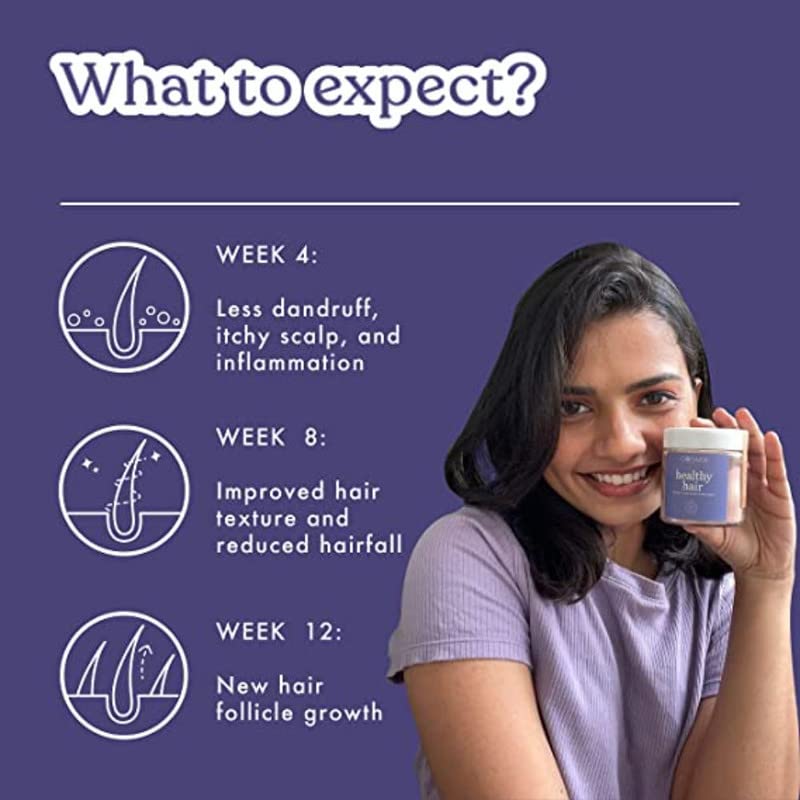 Woman holding a product with text on a purple background about expected results.