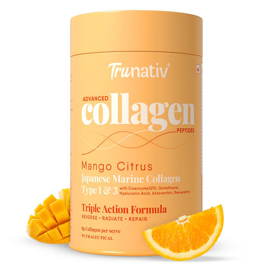 Trunativ Collagen Supplements | Advanced Japanese Marine Collagen Powder for Women & Men | Type 1 and 3 Hydrolyzed Peptides | Supplement with Hyaluronic Acid | Supports Skin Glow, Hair Growth, and Nail Strength | Mango Citrus (200g)