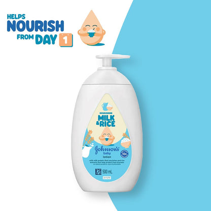 Johnson's Baby Milk & Rice Lotion 500ml | Moisturizes & Nourishes Sensitive Skin | With Milk Protein, Rice Extracts & Multivitamin Complex | Hypoallergenic, pH Balanced | No Parabens or Sulphates