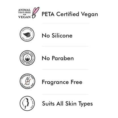 List of product features including PETA certification, no silicone, no paraben, fragrance-free, and suitability for all skin types on a white background.