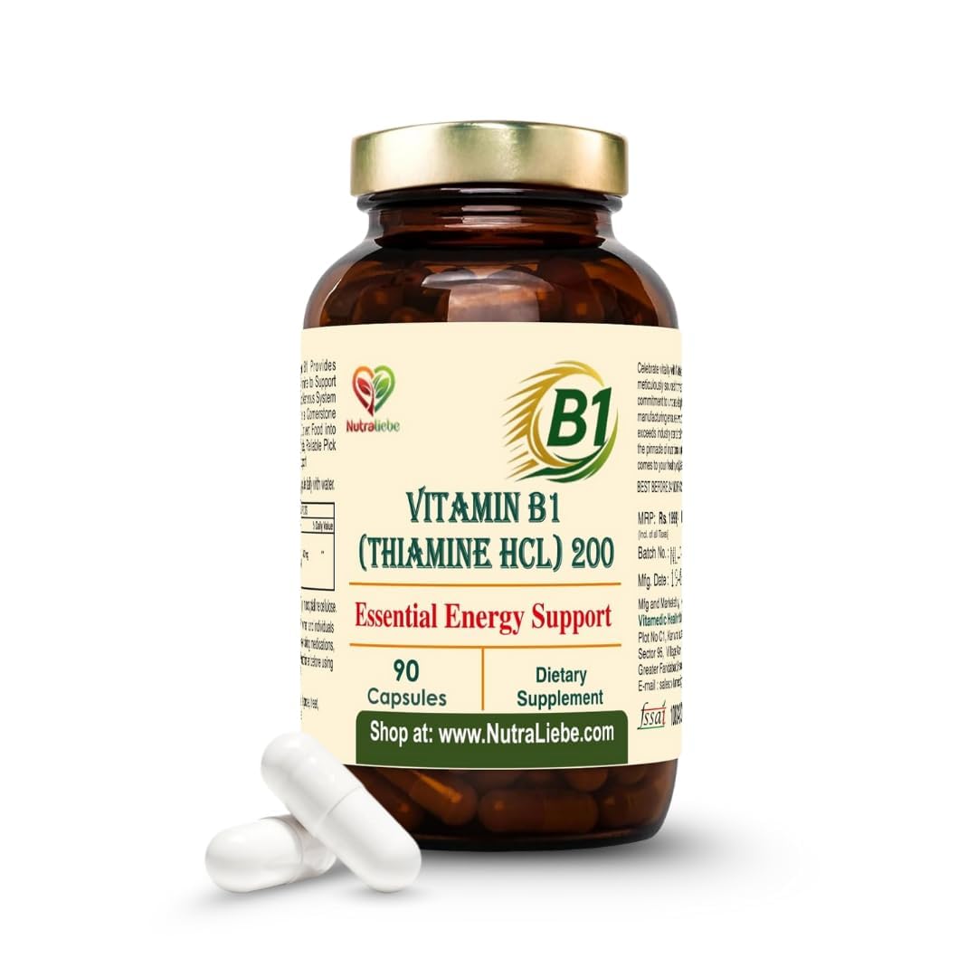Nutraliebe Vitamin B1 (Thiamine HCl) – High-Potency Energy & Nervous System Support | Promotes Metabolism, Heart Health & Brain Function | 90 Vegetarian Capsules | Non-GMO & Gluten-Free