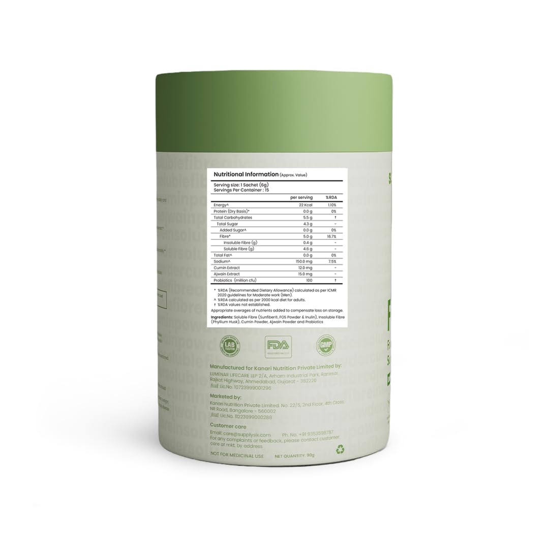 Supply6 Fibre+ Digestive Support & Debloat Health Powder | Prebiotic & Soluble Fiber Supplement, Gut Health & Bloating Relief | No Added Sugar, Non-GMO Sachets (Unflavoured, 15 Servings)