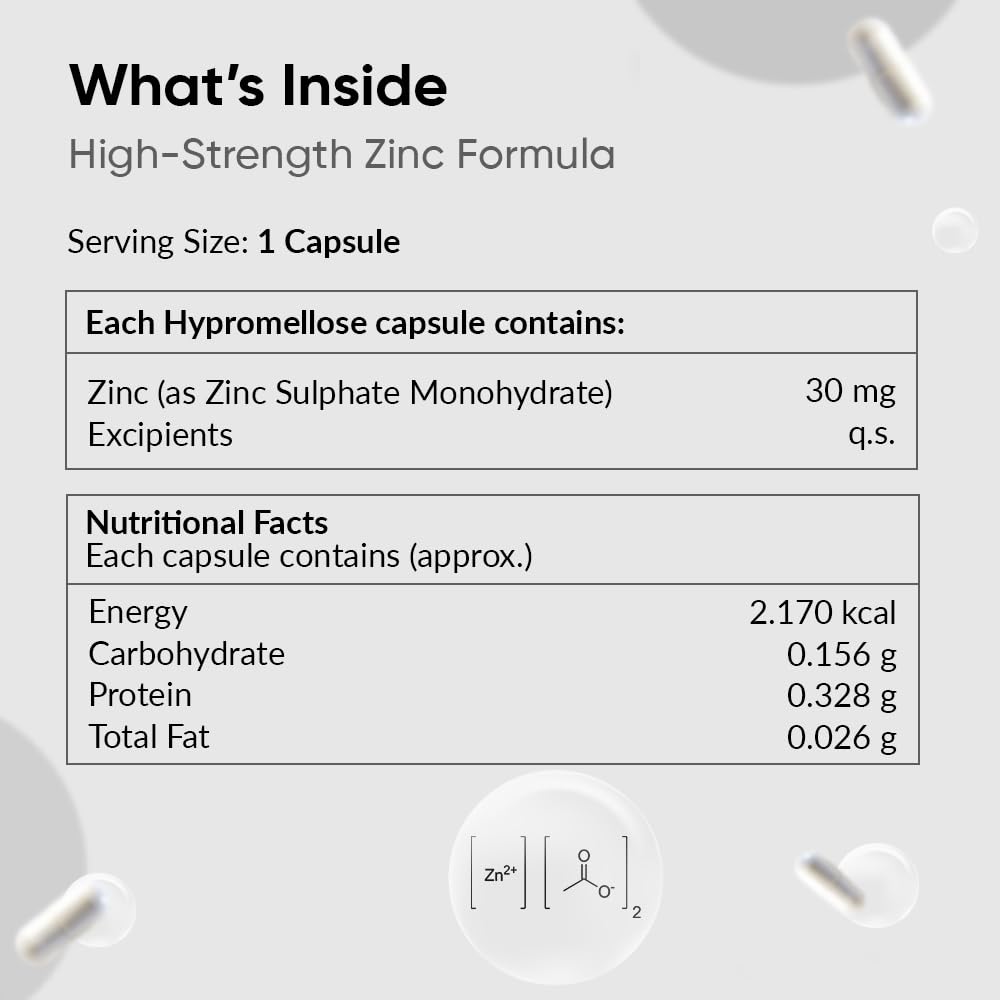 Nutritional label for a high-strength zinc formula capsule on a light gray background.