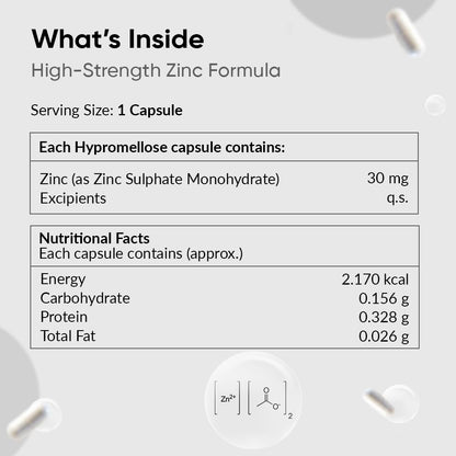 Nutritional label for a high-strength zinc formula capsule on a light gray background.