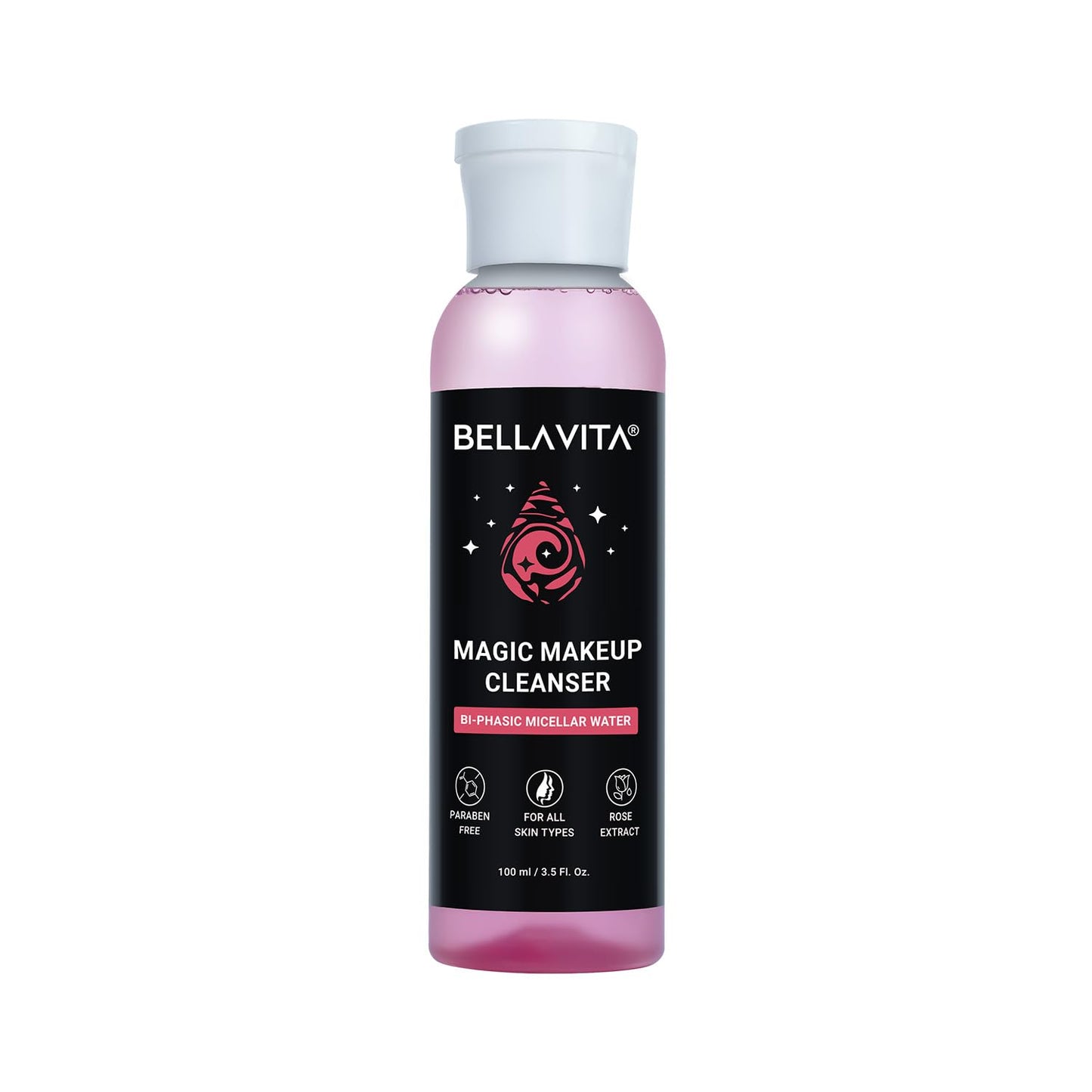 Bellavita Magic Makeup Cleanser bottle with pink liquid on a white background