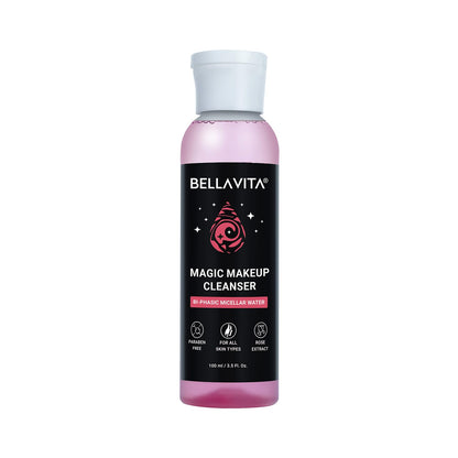 Bellavita Magic Makeup Cleanser bottle with pink liquid on a white background
