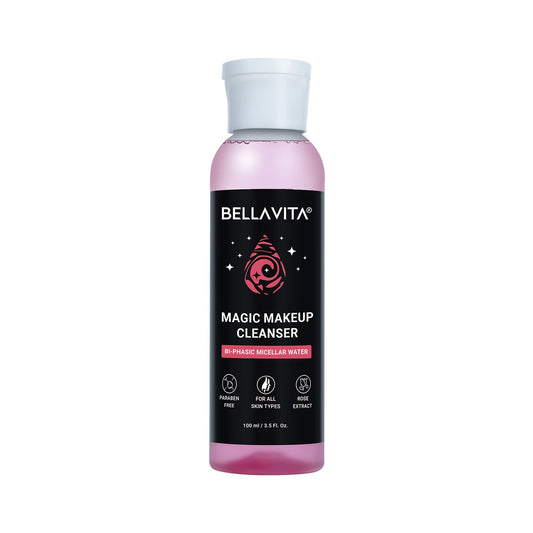 Bellavita Magic Makeup Cleanser bottle with pink liquid on a white background